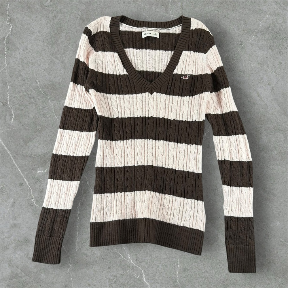 Hollister Sweater Womens Medium Brown Cream Knitted Striped Babydoll Top Y2K 00s